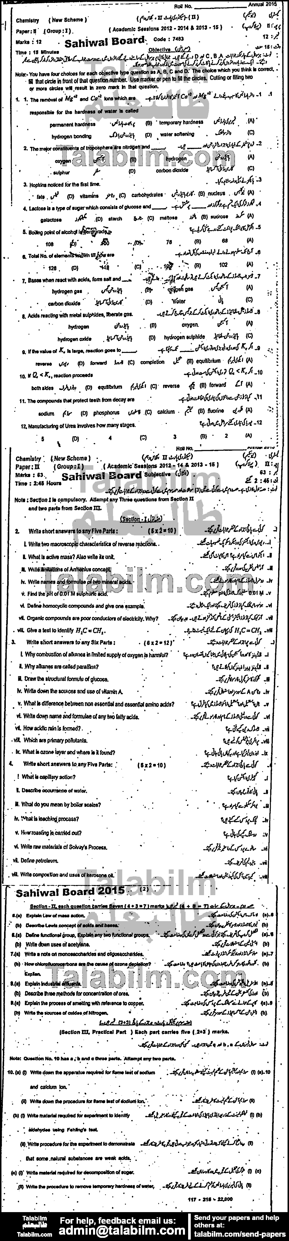 Chemistry 0 past paper for 2015 Group-I