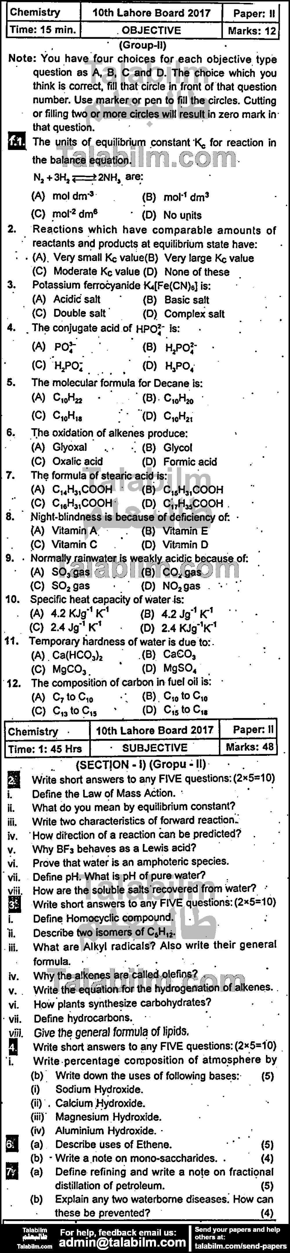 Chemistry 0 past paper for 2017 Group-II