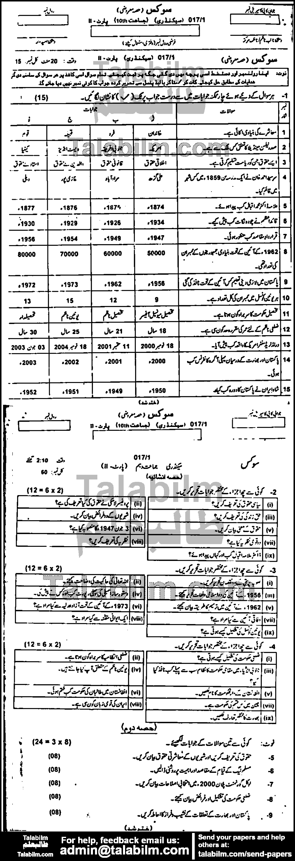 Civics 0 past paper for Urdu Medium 2017 Group-I