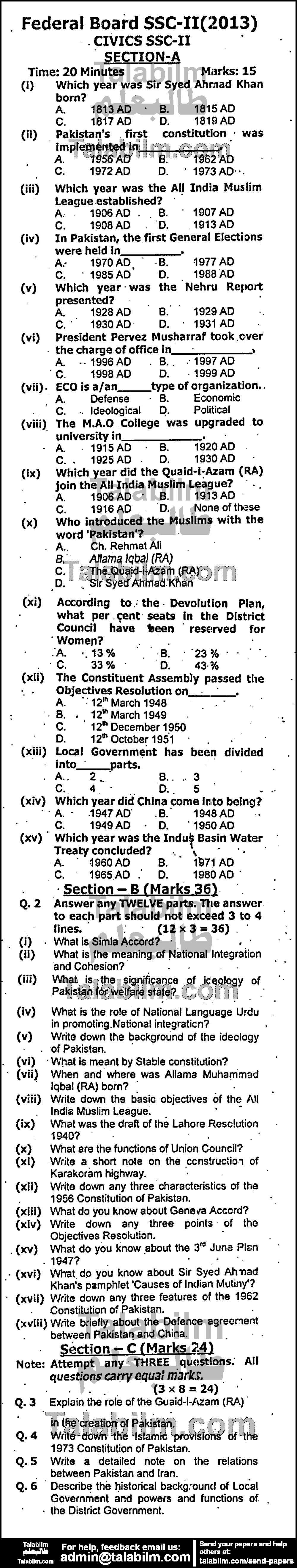 Civics 0 past paper for 2013 Group-I