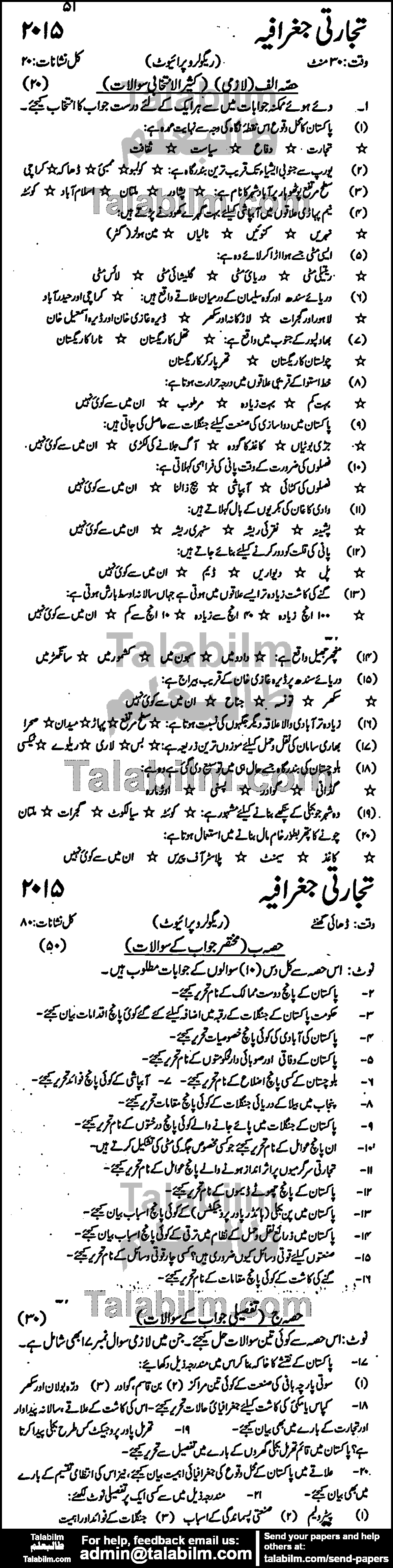 Commercial Geography 0 past paper for Urdu Medium 2015 Group-I