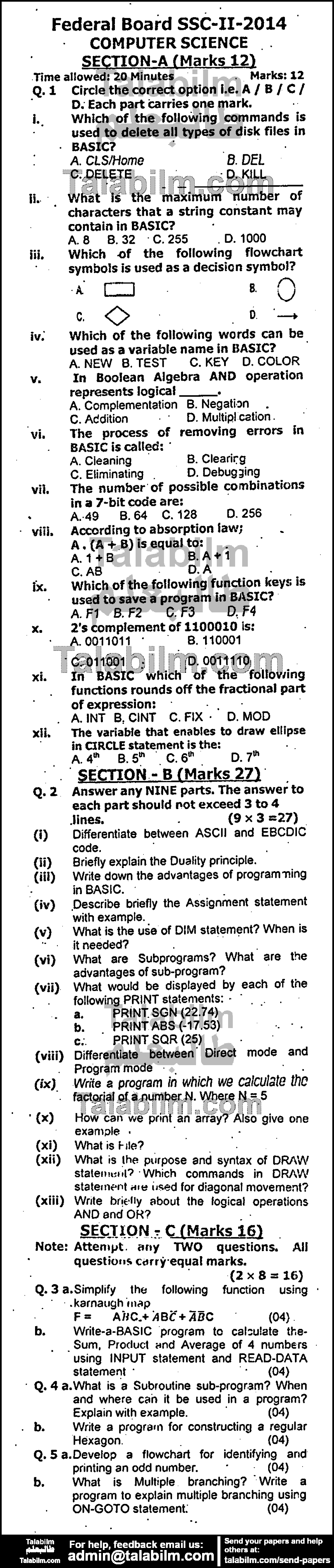 Computer Science 0 past paper for 2014 Group-I