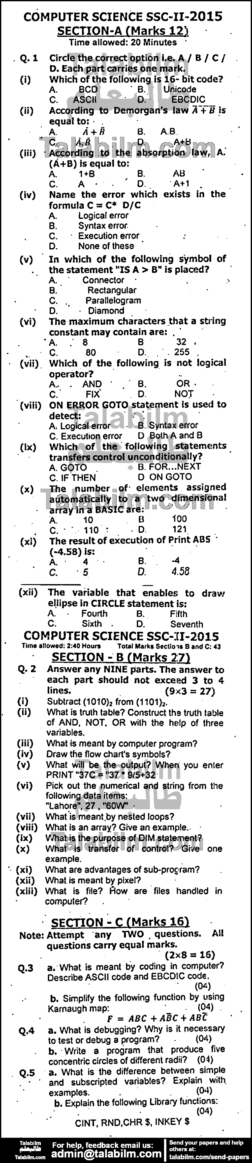 Computer Science 0 past paper for 2015 Group-I