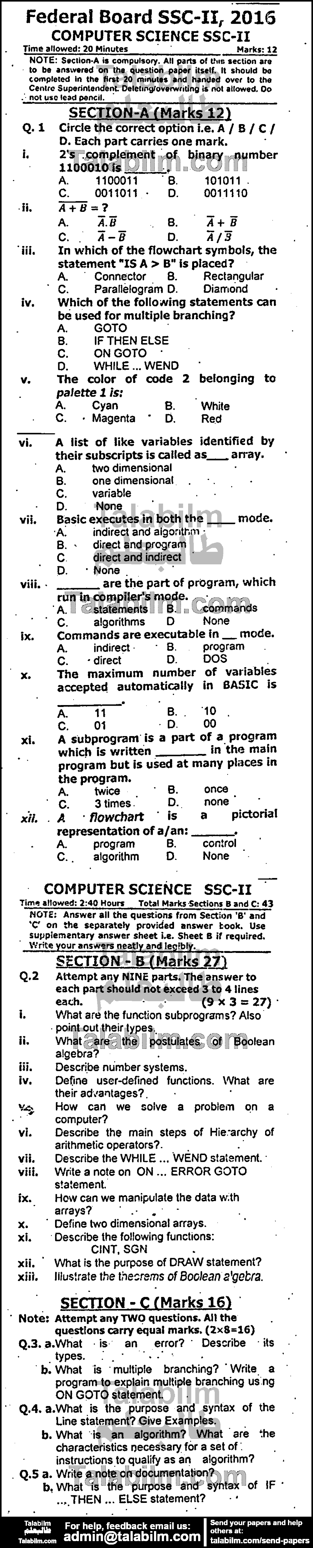 Computer Science 0 past paper for 2016 Group-I