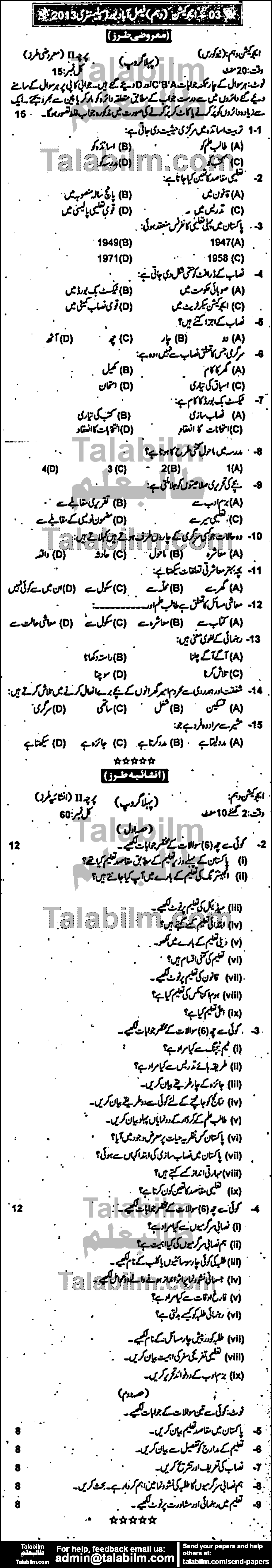 Education 0 past paper for Urdu Medium 2013 Group-I