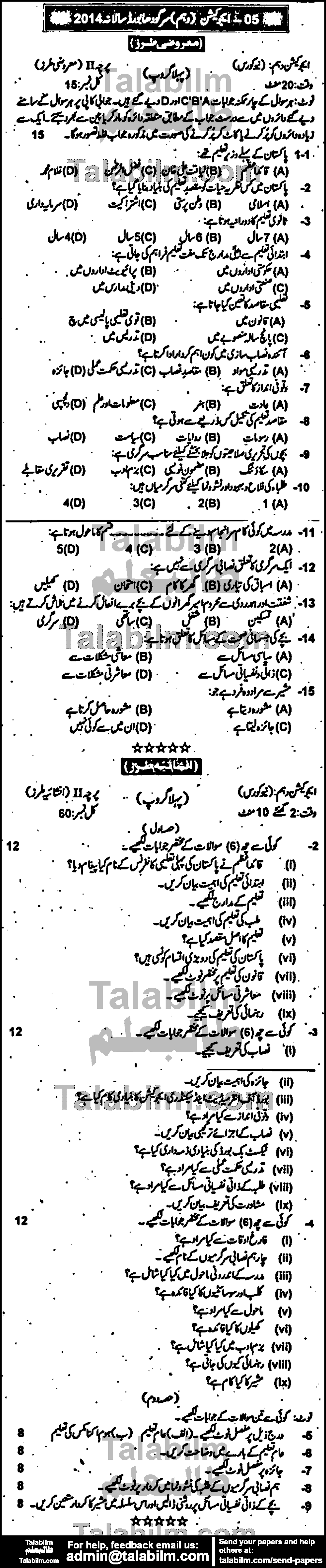 Education 0 past paper for Urdu Medium 2014 Group-I