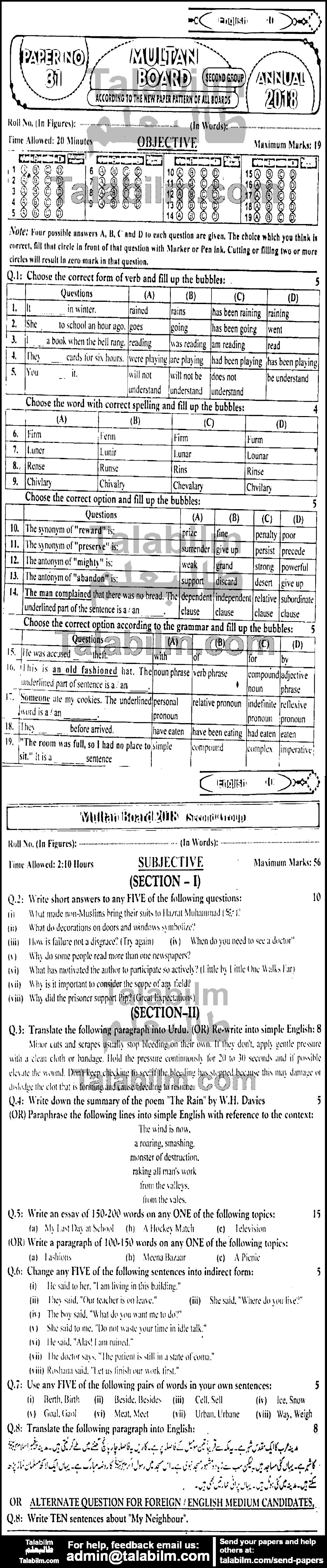 English 0 past paper for 2018 Group-II