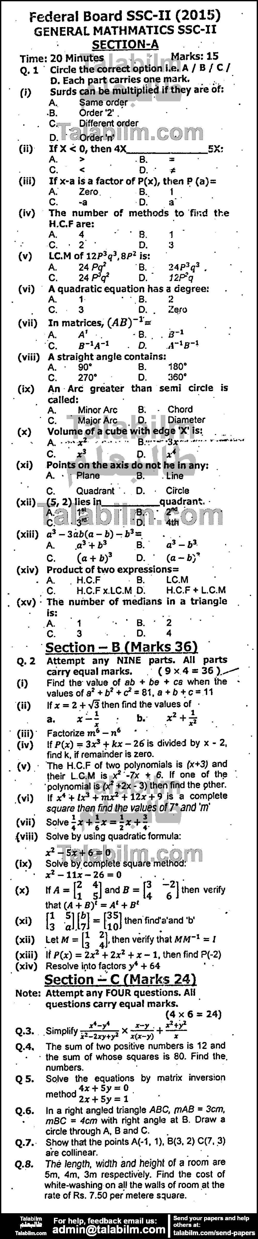 General Math 0 past paper for 2015 Group-I