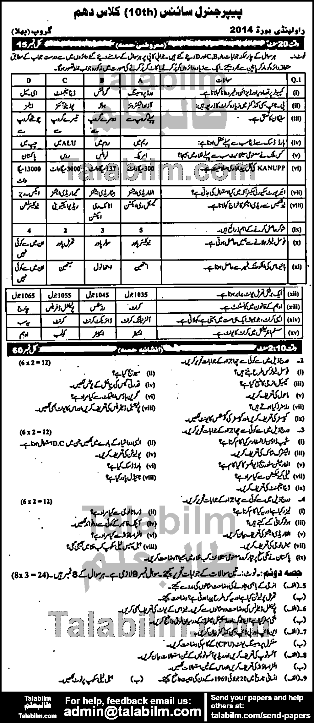 General Science 0 past paper for Urdu Medium 2014 Group-I