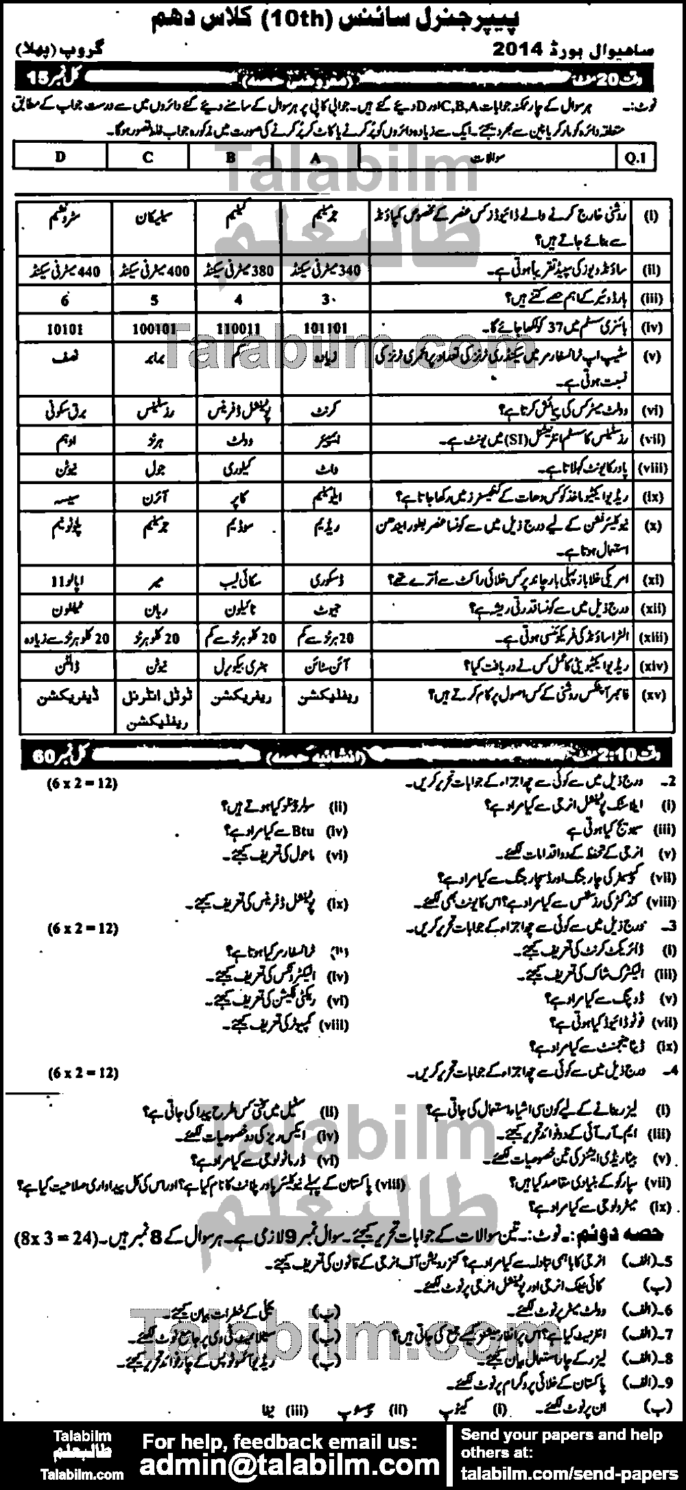 General Science 0 past paper for Urdu Medium 2014 Group-I