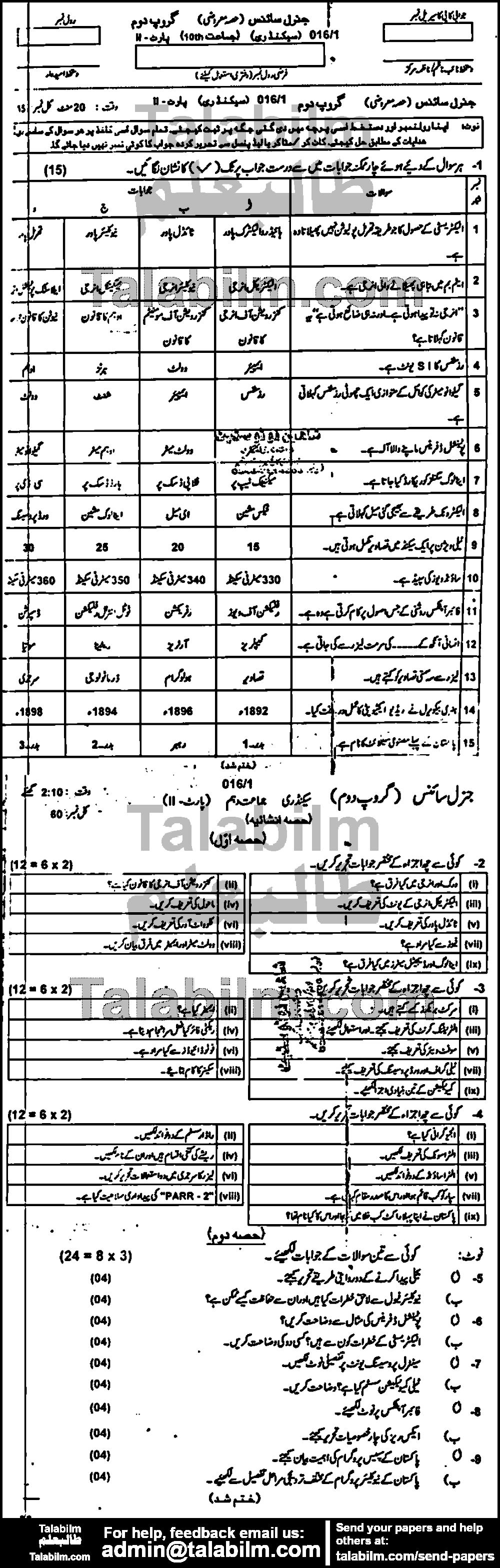 General Science 0 past paper for Urdu Medium 2016 Group-I