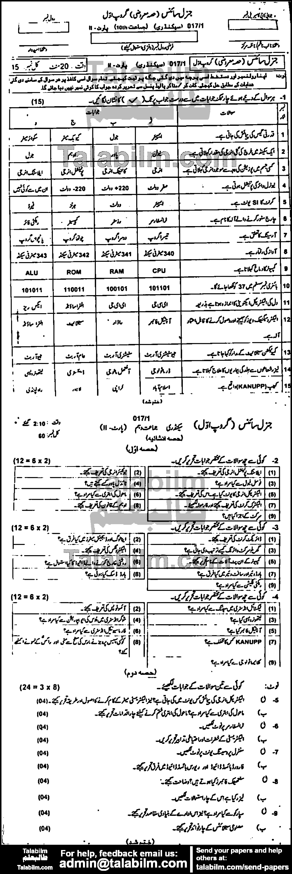 General Science 0 past paper for Urdu Medium 2017 Group-I