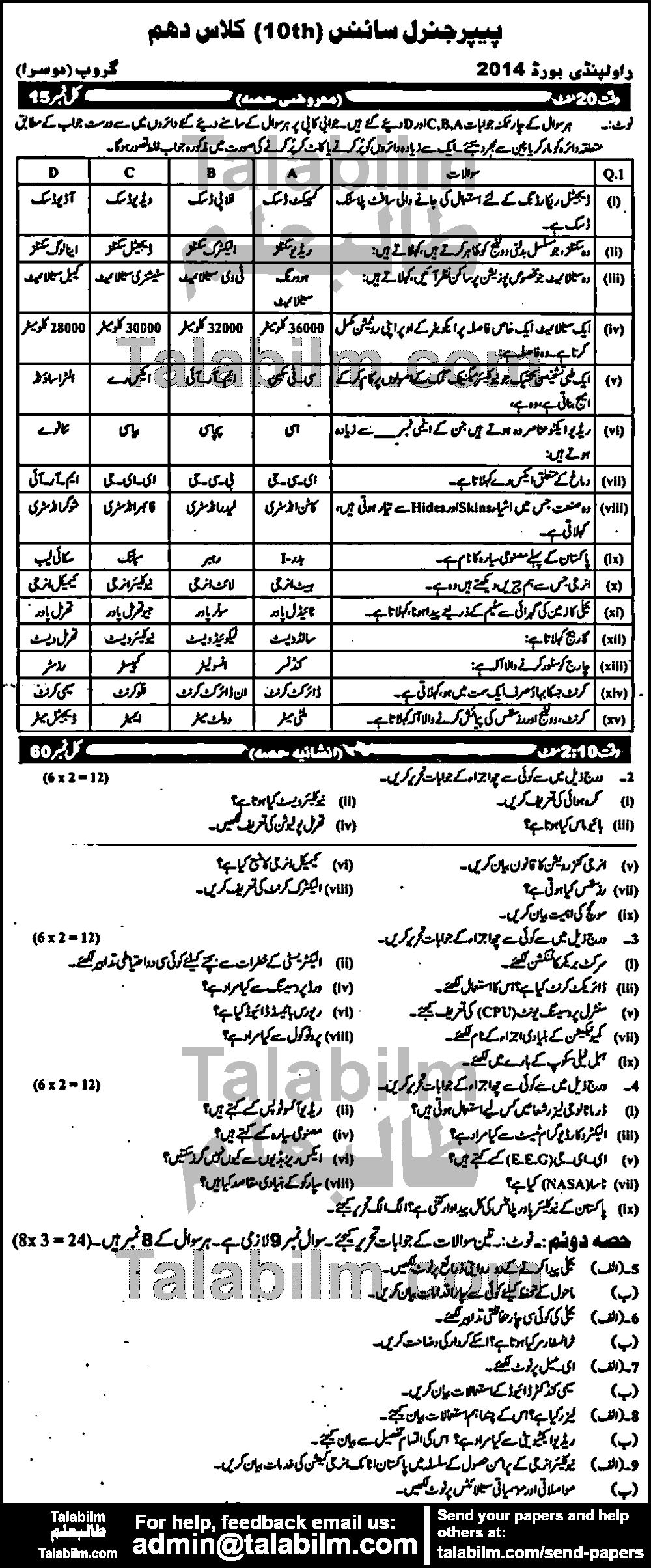 General Science 0 past paper for Urdu Medium 2014 Group-II