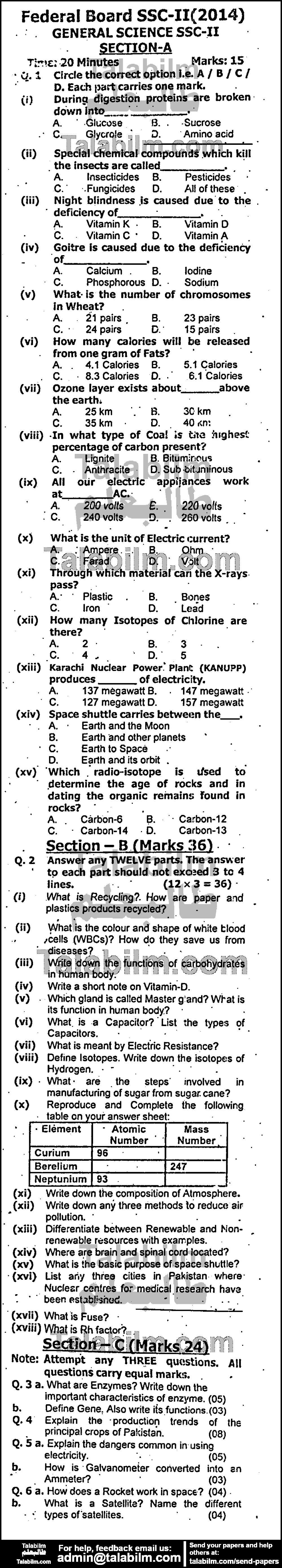 General Science 0 past paper for 2014 Group-I