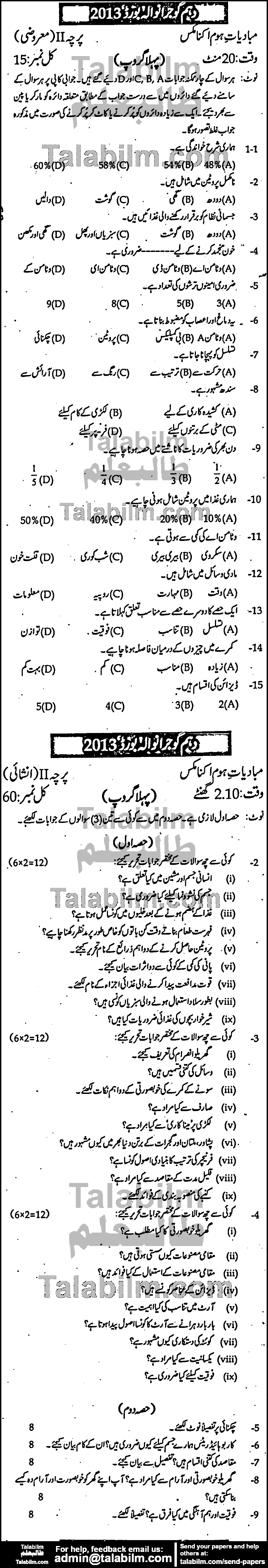 Home Economics 0 past paper for Urdu Medium 2013 Group-I