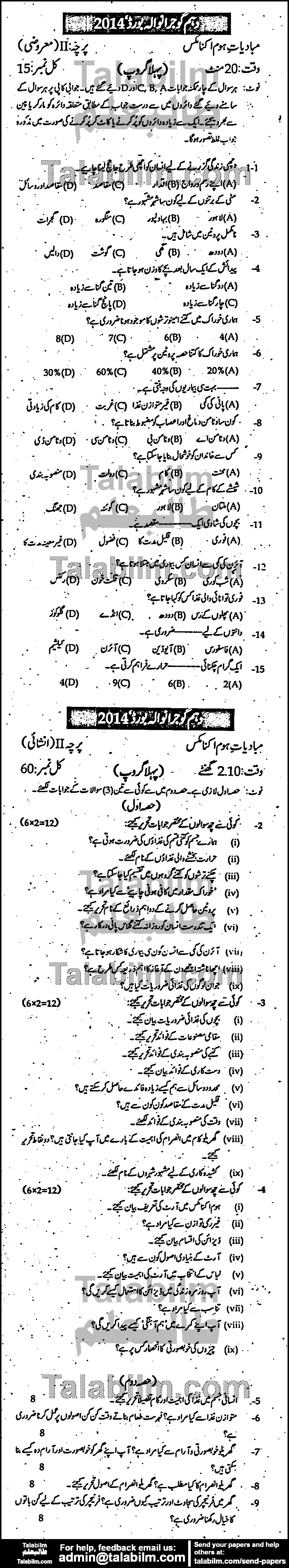 Home Economics 0 past paper for Urdu Medium 2014 Group-I