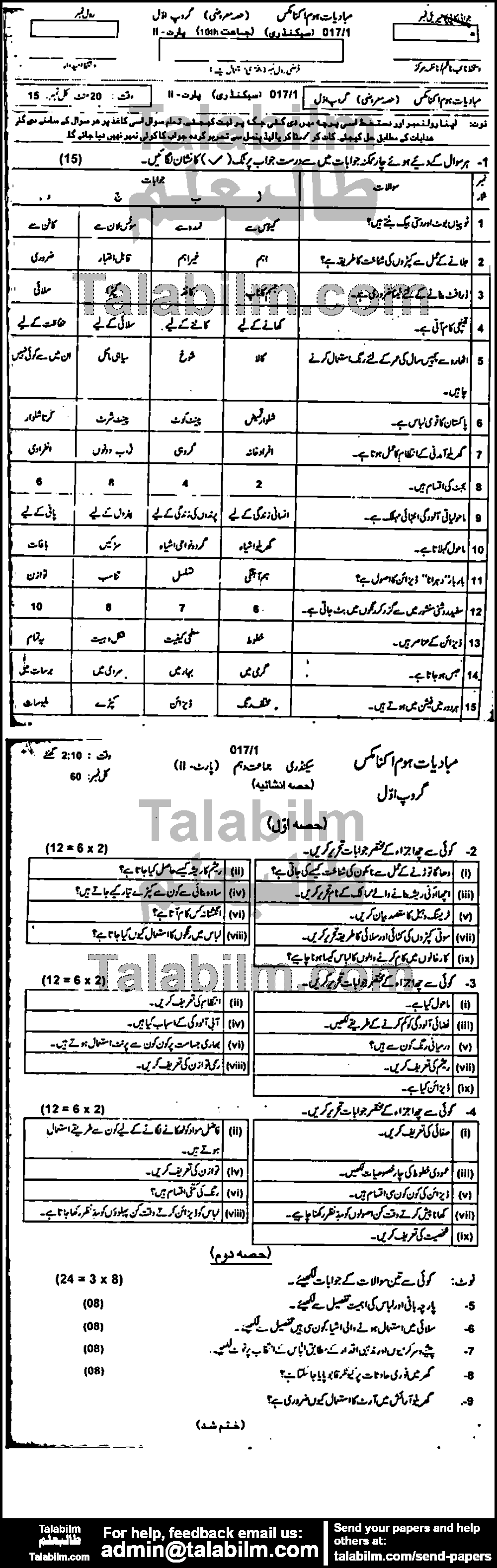 Home Economics 0 past paper for Urdu Medium 2017 Group-I