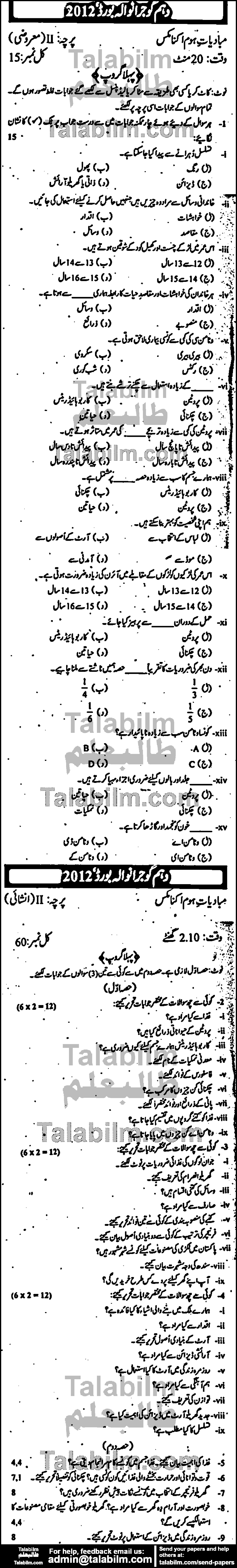 Home Economics 0 past paper for Urdu Medium 2012 Group-II