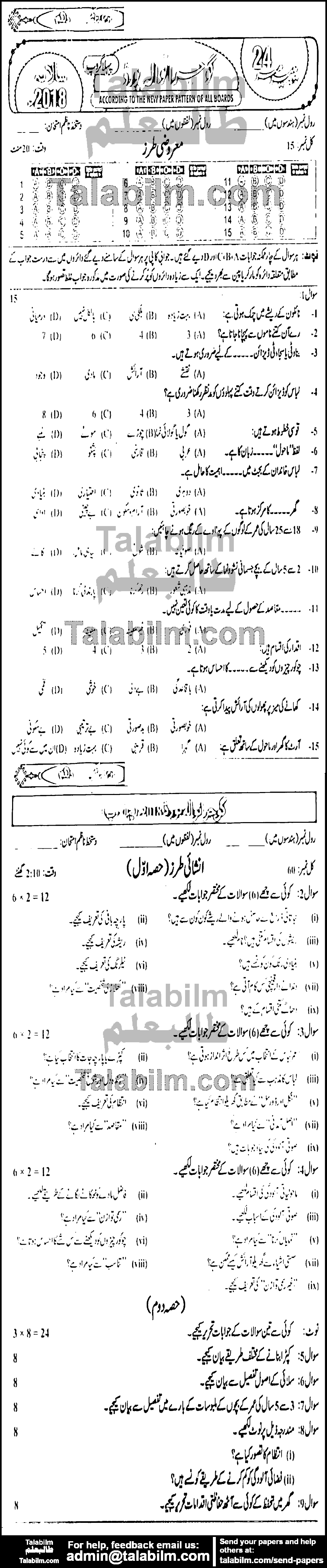 Home Economics 0 past paper for 2018 Group-I