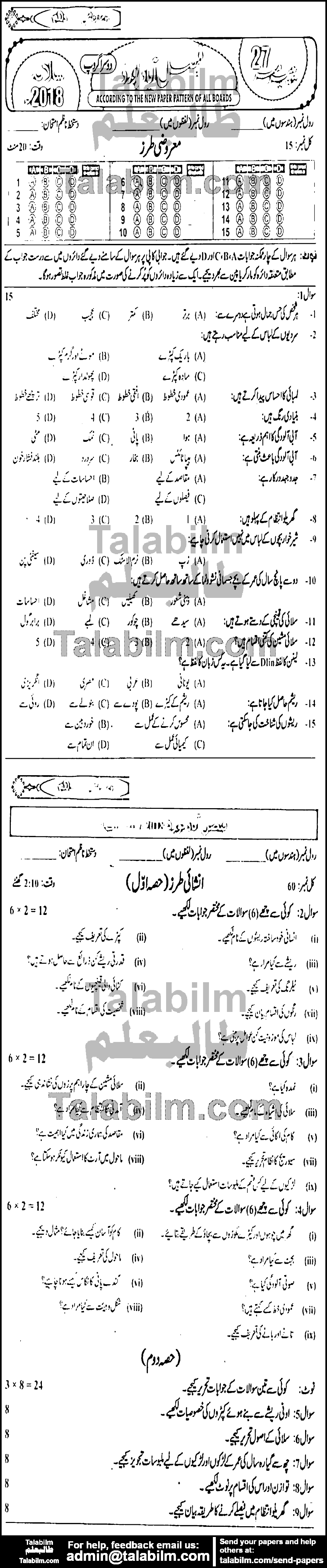 Home Economics 0 past paper for 2018 Group-II