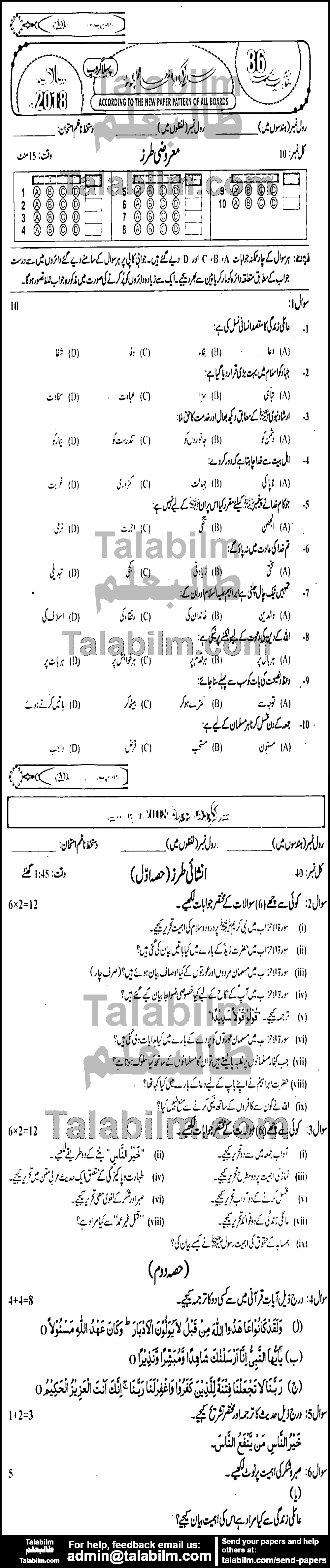 Islamiat Compulsory 0 past paper for 2018 Group-I