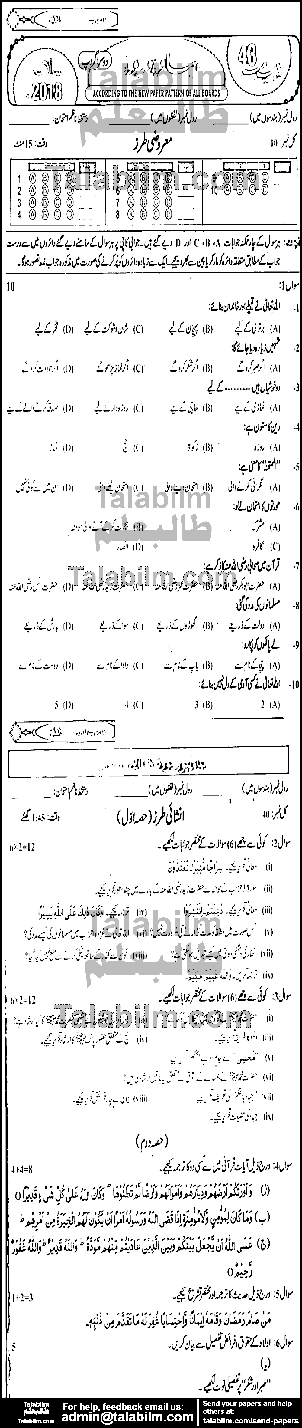 Islamiat Compulsory 0 past paper for 2018 Group-II