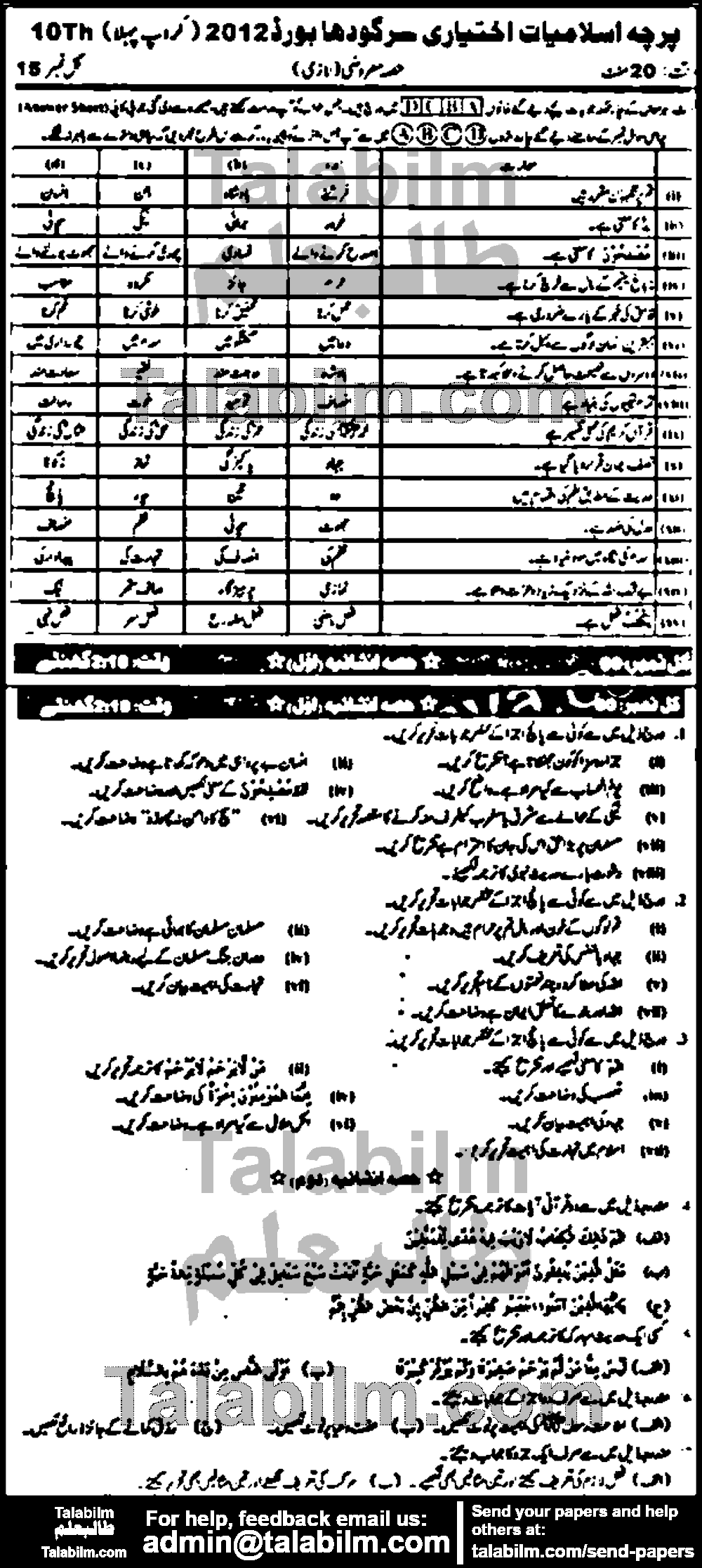 Islamiat Elective 0 past paper for Urdu Medium 2012 Group-I