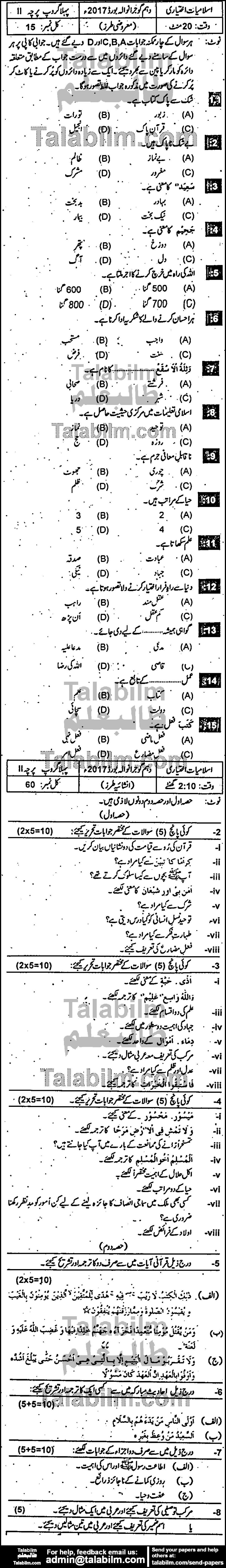 Islamiat Elective 0 past paper for Urdu Medium 2017 Group-I