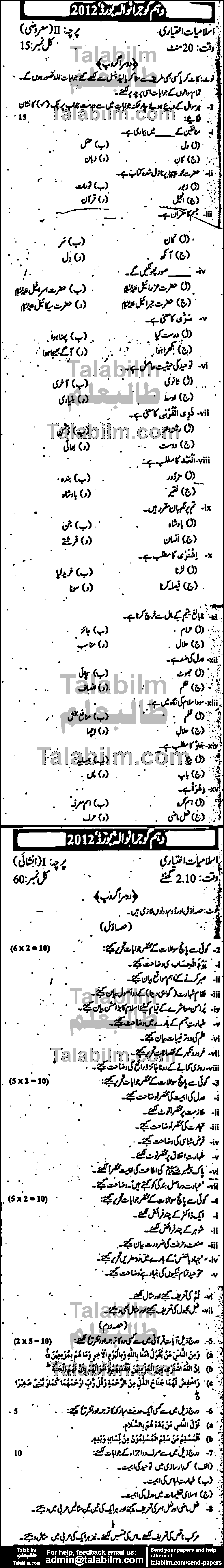 Islamiat Elective 0 past paper for Urdu Medium 2012 Group-II