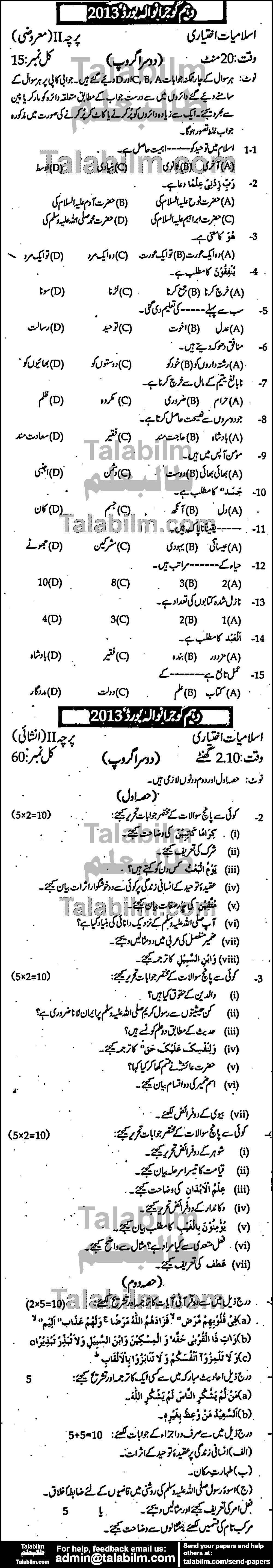 Islamiat Elective 0 past paper for Urdu Medium 2013 Group-II