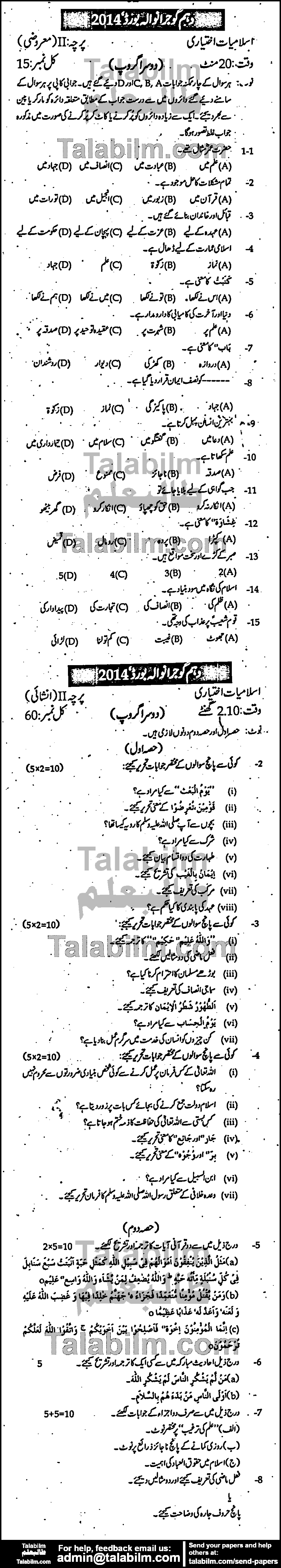 Islamiat Elective 0 past paper for Urdu Medium 2014 Group-II