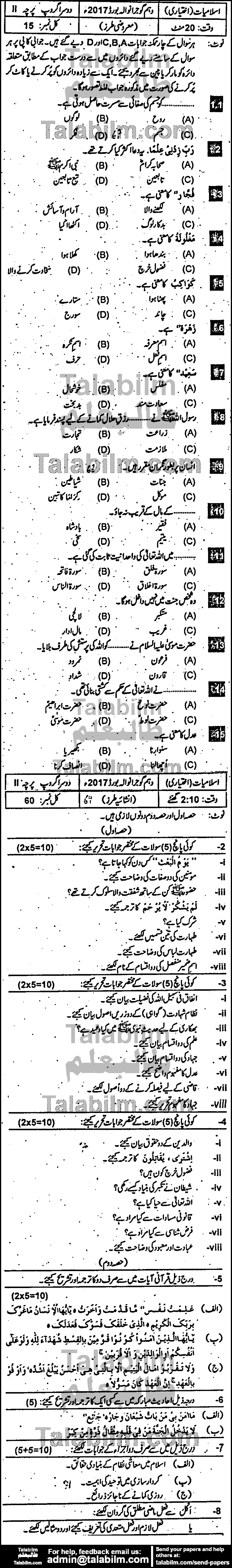 Islamiat Elective 0 past paper for Urdu Medium 2017 Group-II