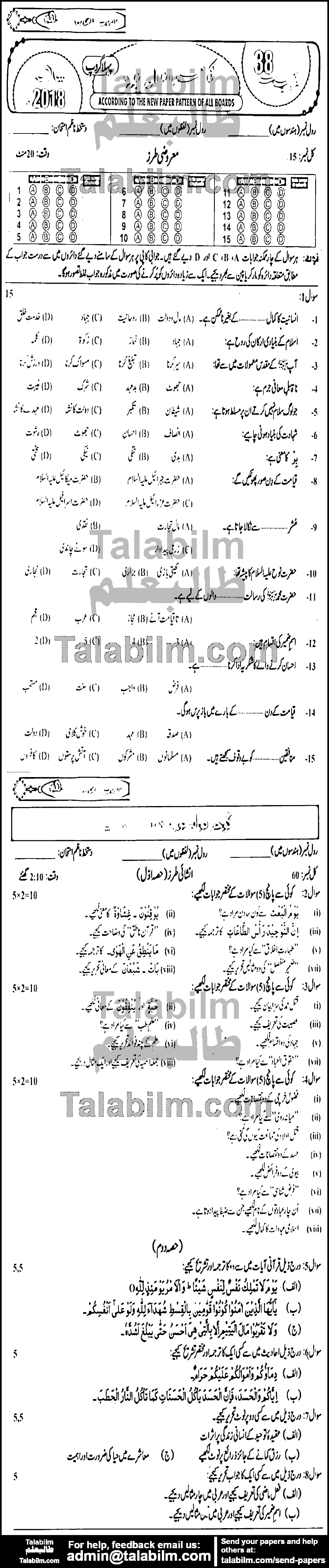 Islamiat Elective 0 past paper for 2018 Group-I