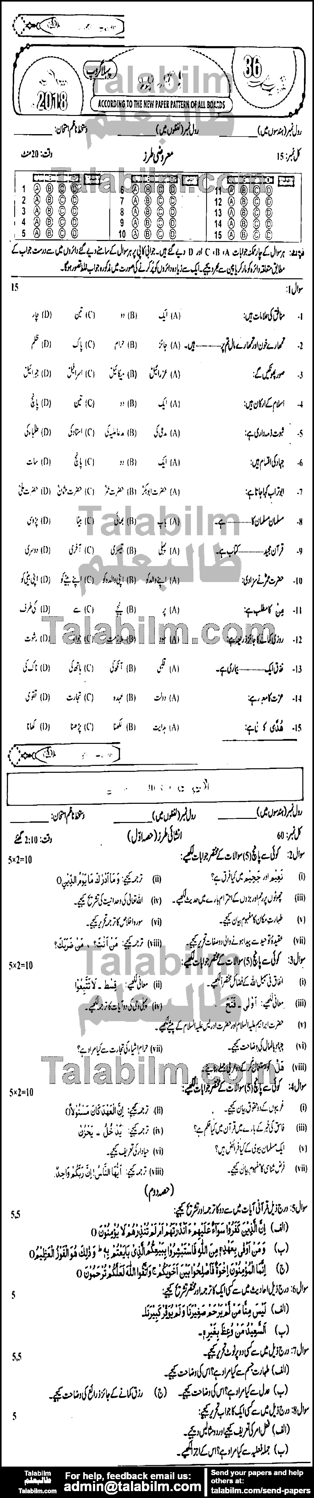 Islamiat Elective 0 past paper for 2018 Group-I