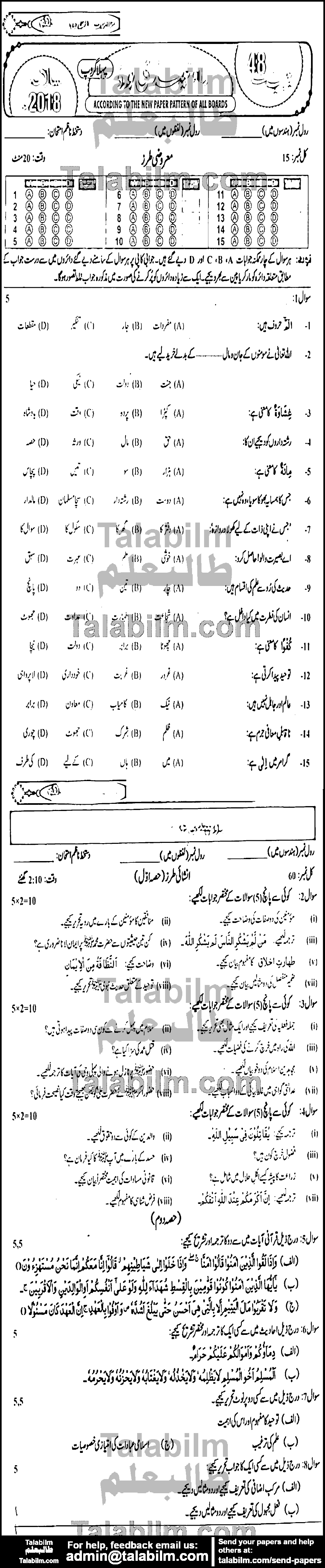 Islamiat Elective 0 past paper for 2018 Group-I