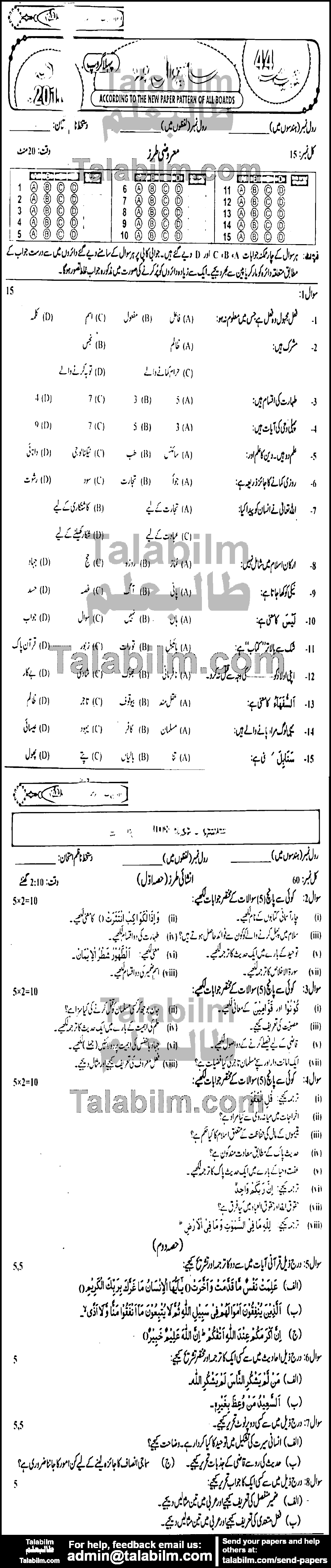 Islamiat Elective 0 past paper for 2018 Group-I