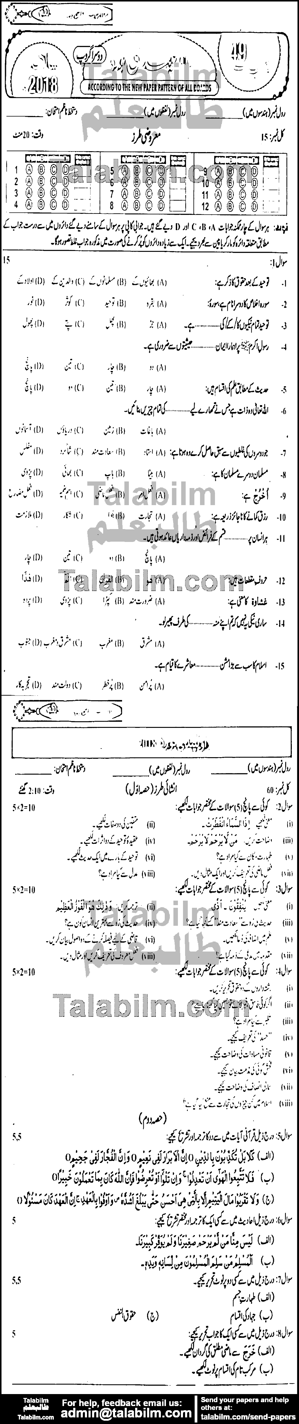 Islamiat Elective 0 past paper for 2018 Group-II