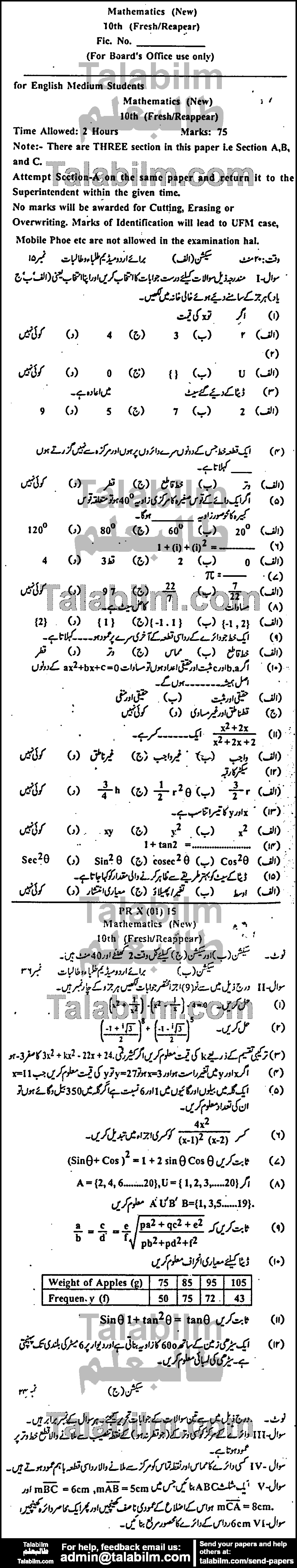 Math 0 past paper for Urdu Medium 2015 Group-I