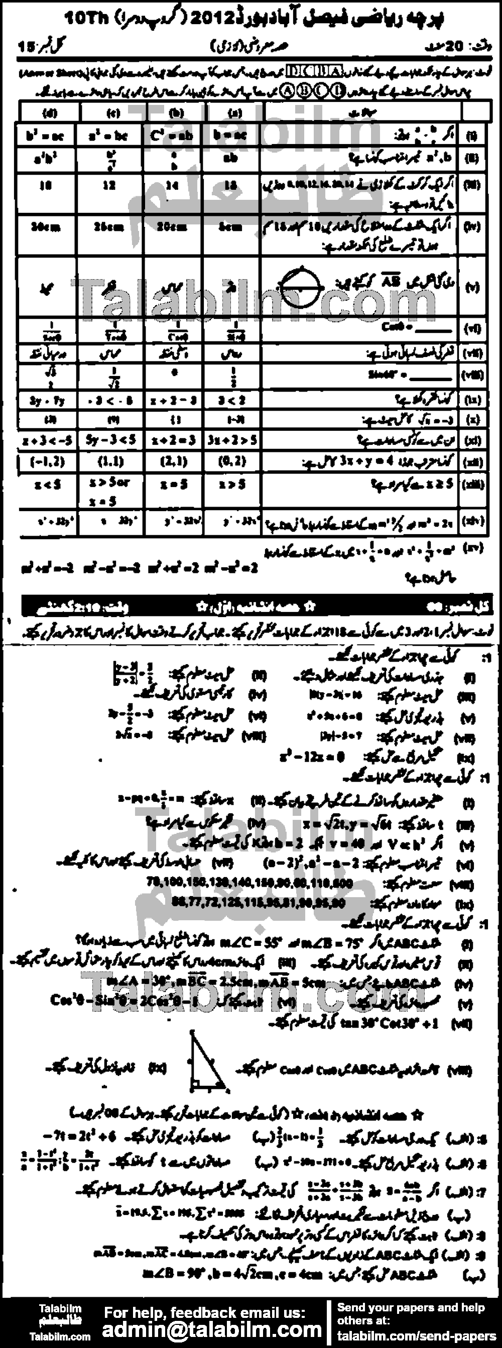 Math 0 past paper for Urdu Medium 2012 Group-II