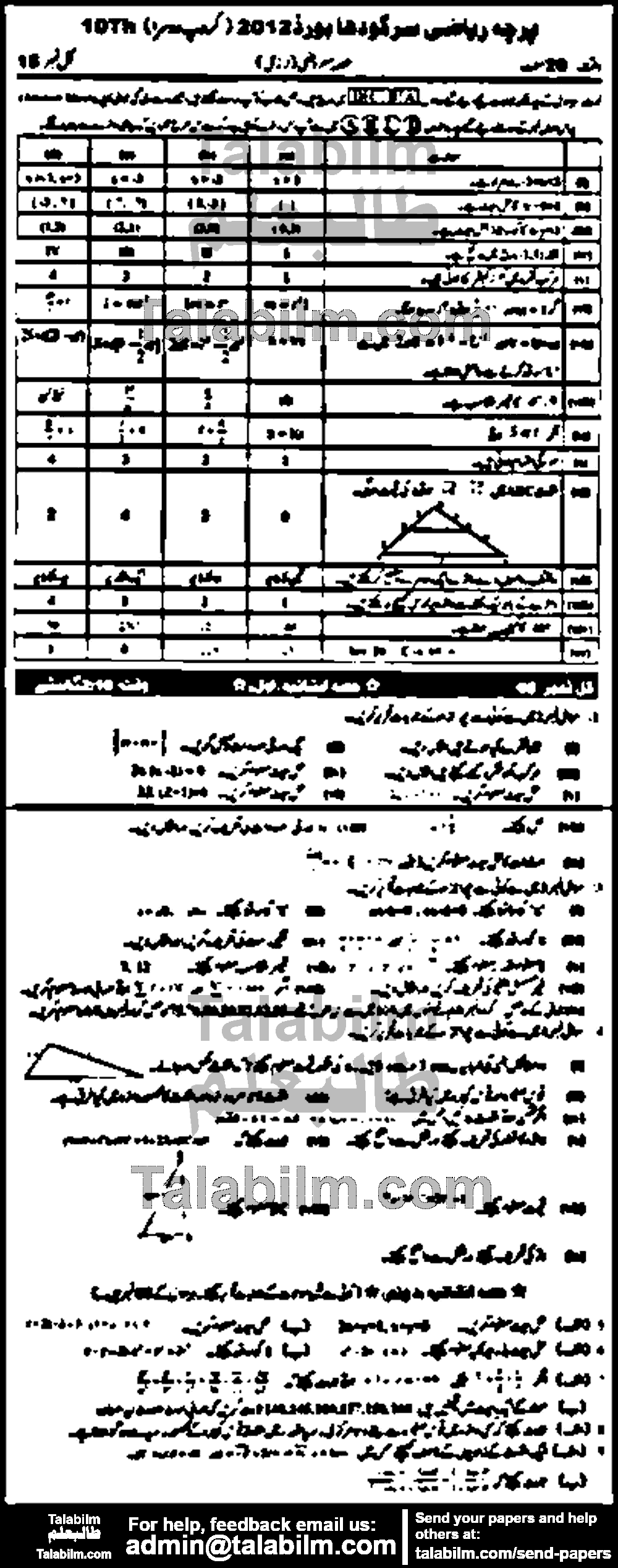 Math 0 past paper for Urdu Medium 2012 Group-II