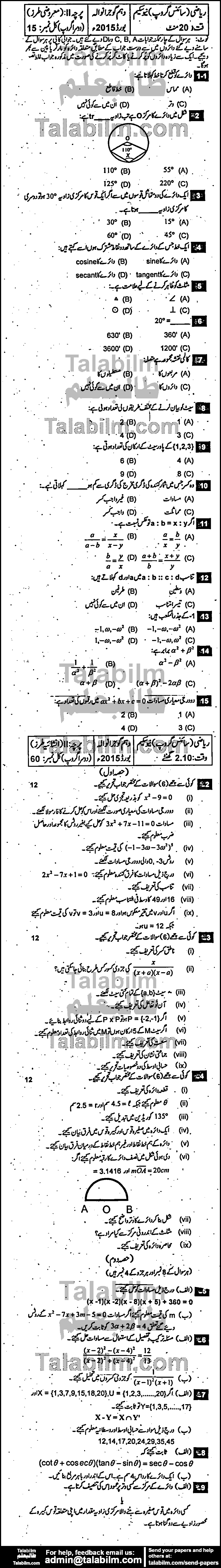 Math 0 past paper for Urdu Medium 2015 Group-II