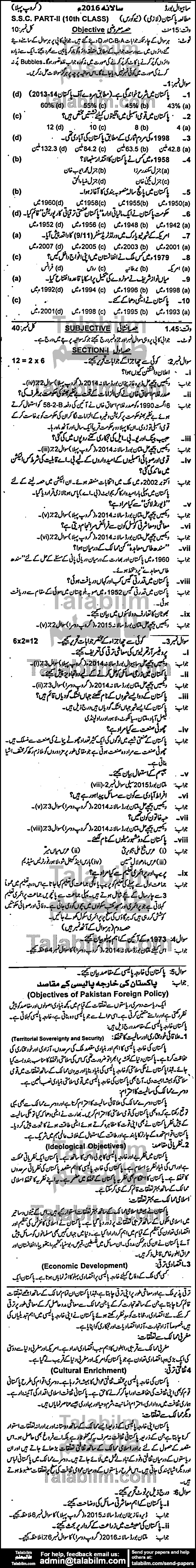 Pak Studies 0 past paper for Urdu Medium 2016 Group-I