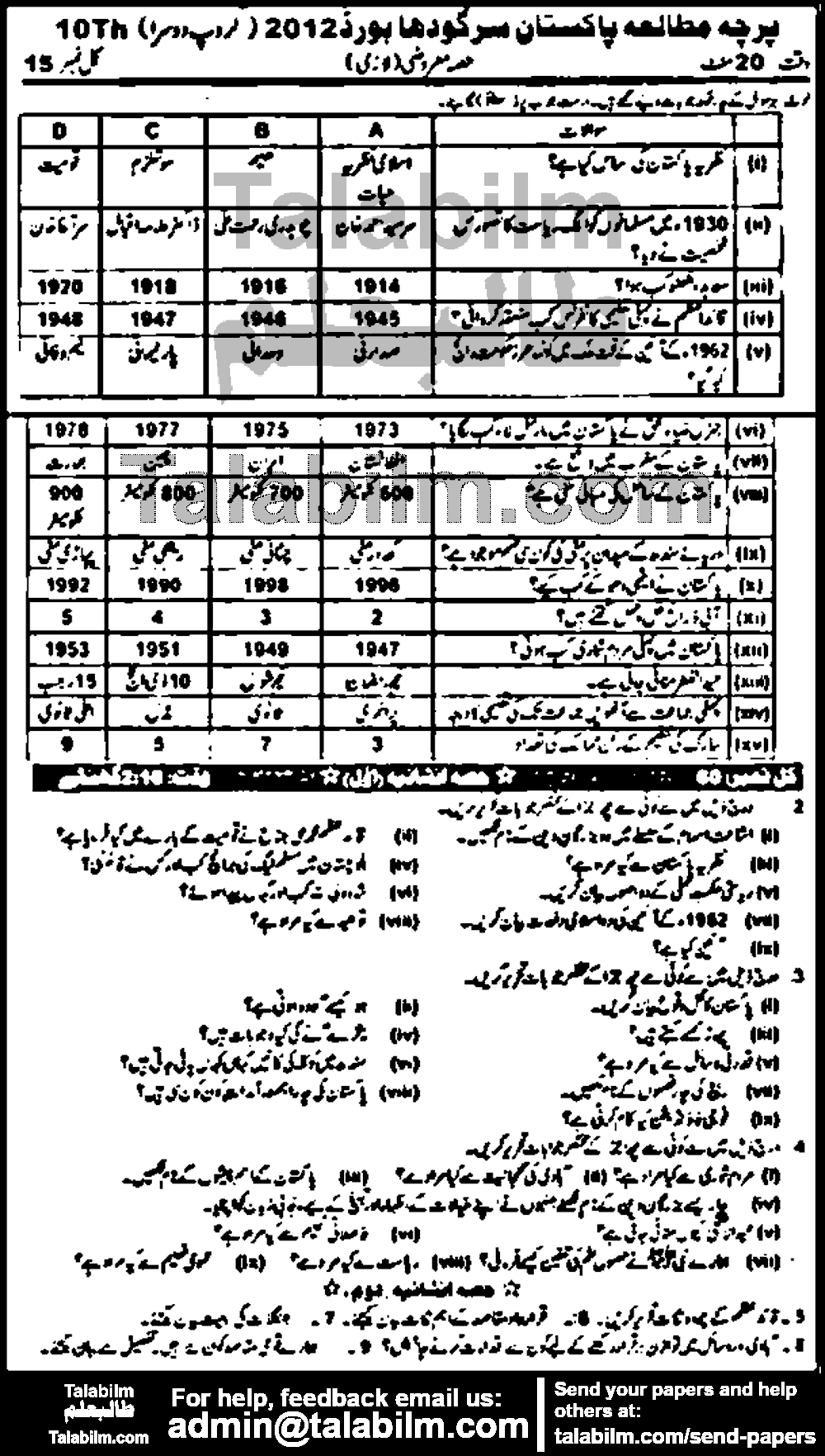 Pak Studies 0 past paper for Urdu Medium 2012 Group-II