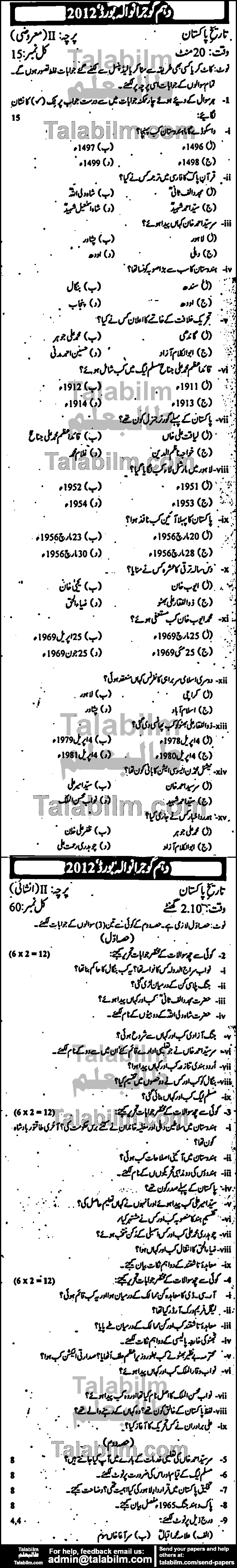 Pakistan History 0 past paper for Urdu Medium 2012 Group-I