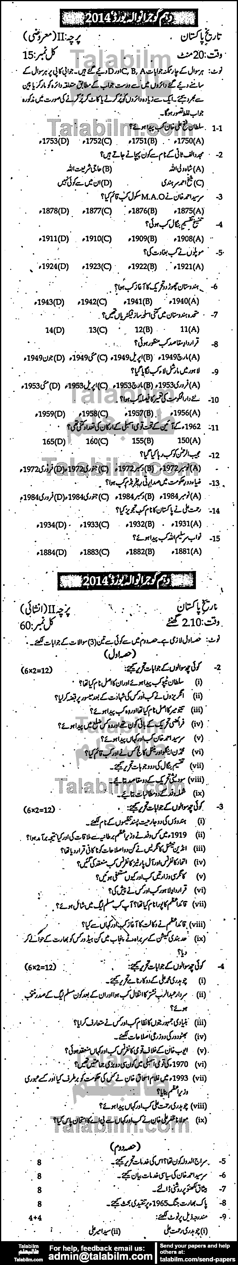 Pakistan History 0 past paper for Urdu Medium 2014 Group-I