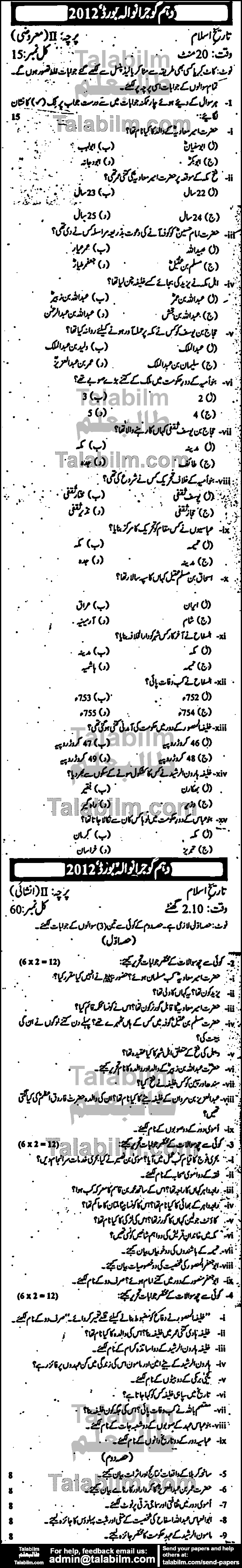 Pakistan History 0 past paper for Urdu Medium 2012 Group-II