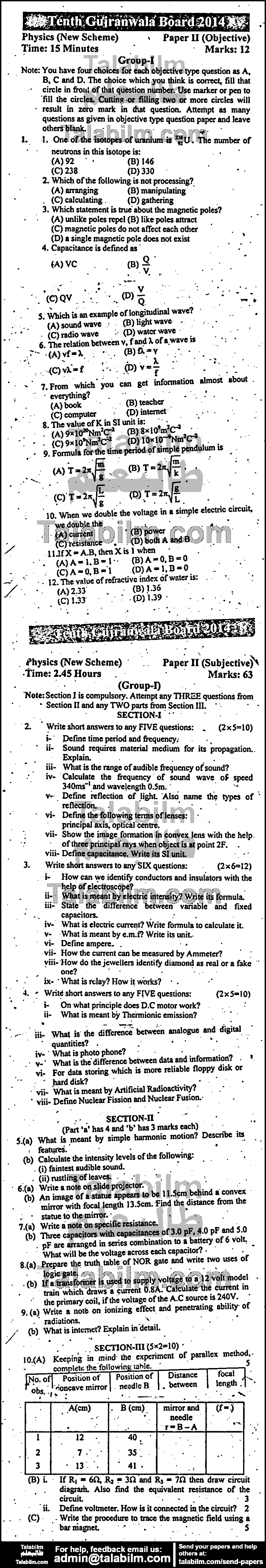 Physics 0 past paper for English Medium 2014 Group-I