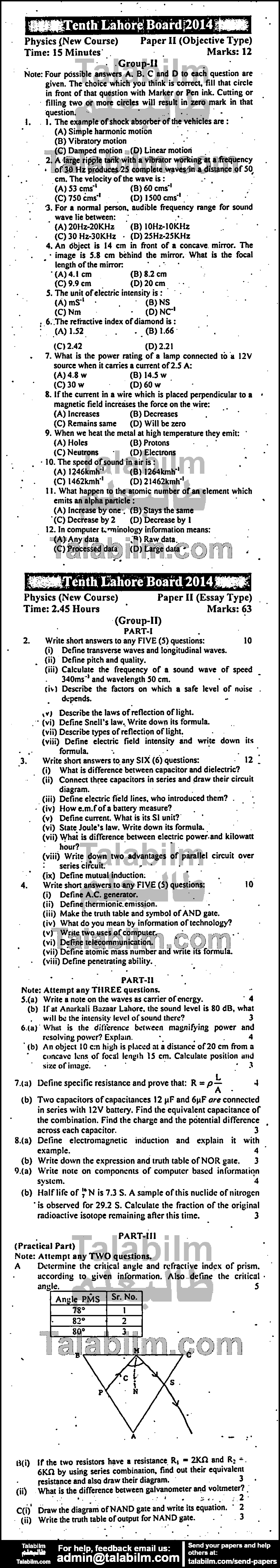 Physics 0 past paper for English Medium 2014 Group-II