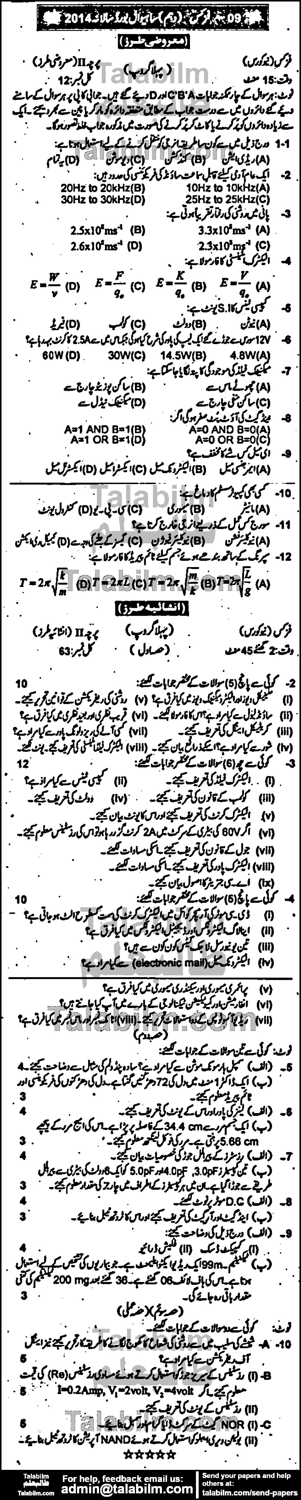 Physics 0 past paper for Urdu Medium 2014 Group-I