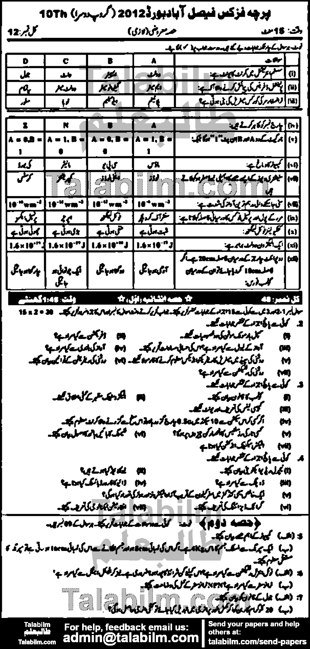 Physics 0 past paper for Urdu Medium 2012 Group-II